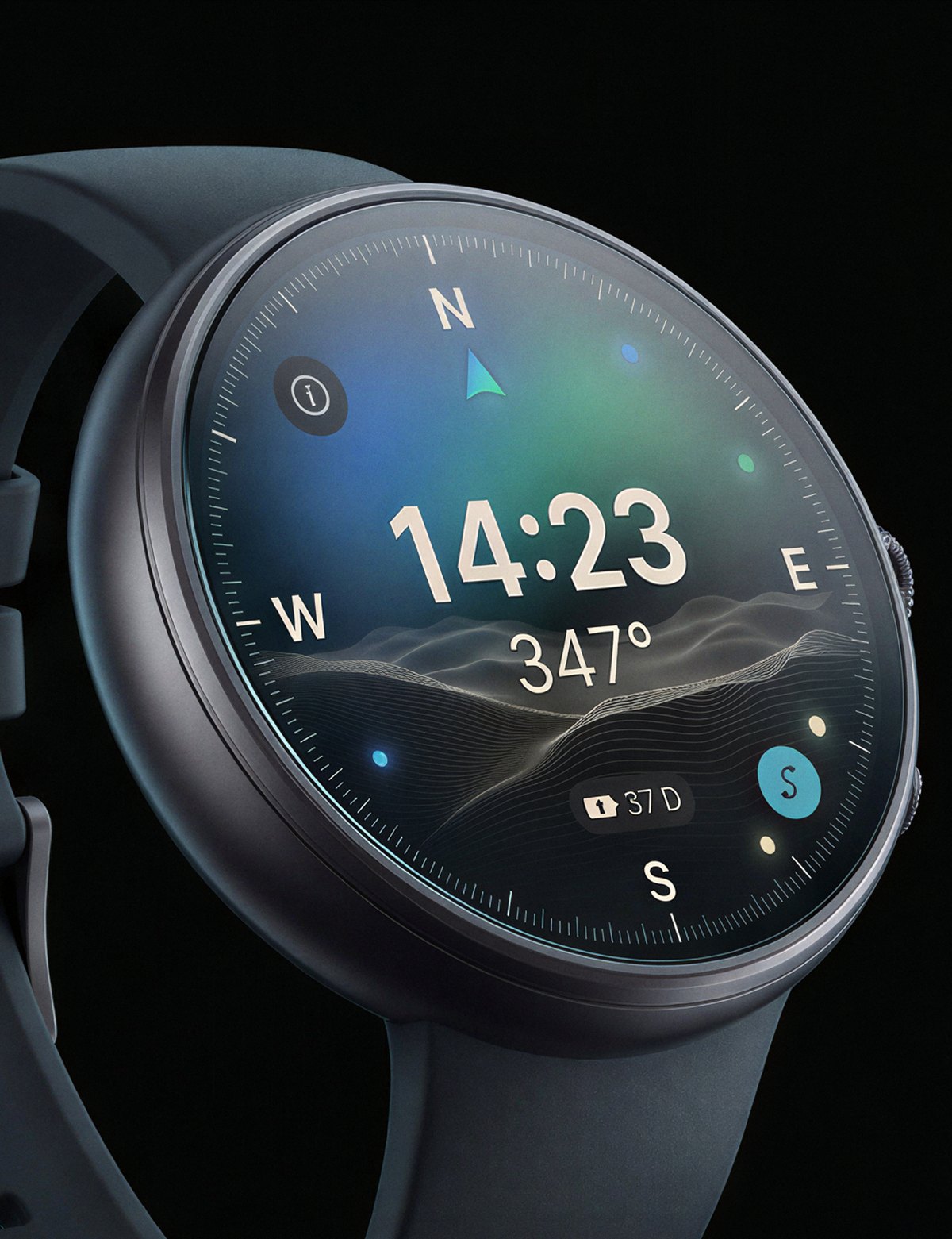 The whole watch at three-quarter angle against black, compass face lit.