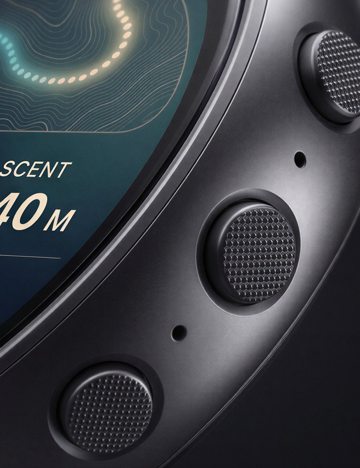 Macro of the case edge — knurled buttons machined into the brushed housing, an ascent readout alongside.