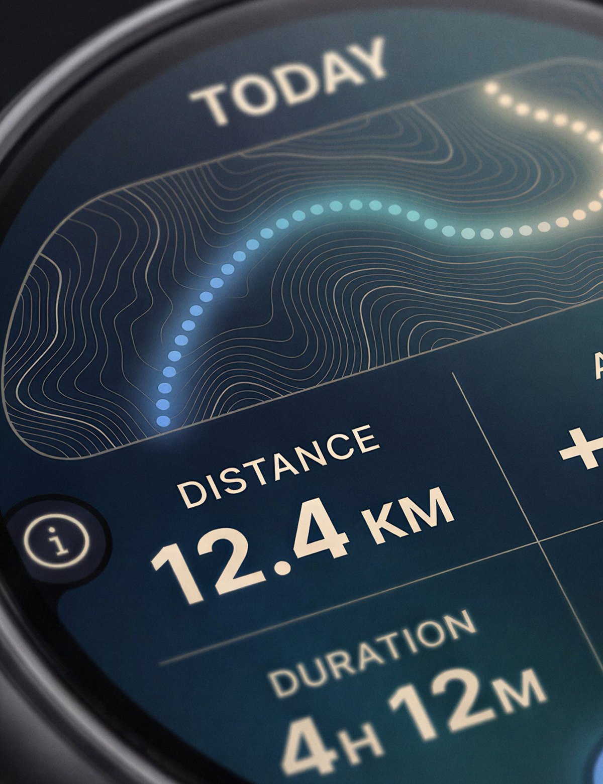 Today's summary: the walked route drawn over contour lines, with distance and duration.