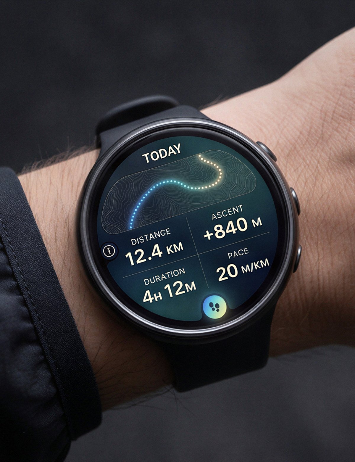 The watch worn on a wrist, showing the day's distance, ascent and pace.