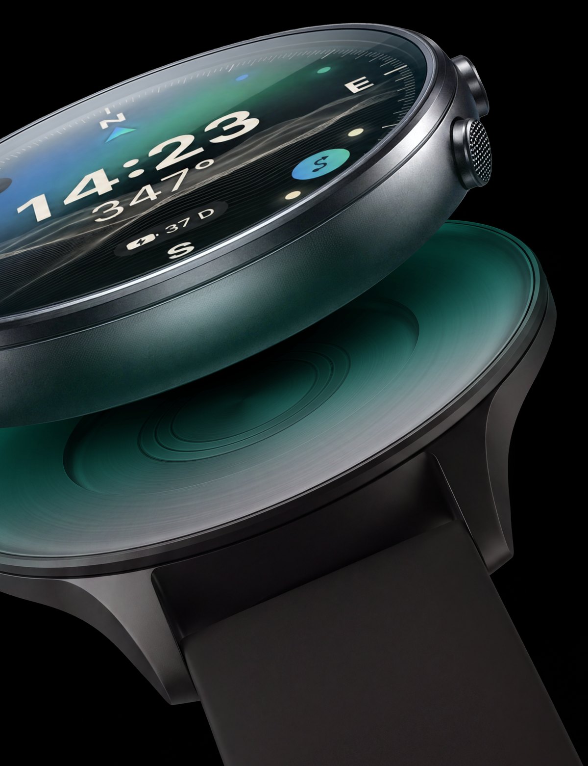 The watch head lifting away from its band, the charging coil glowing beneath.